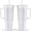 40 Oz Studded Tumbler with Handle, 2 Pack White Acrylic Bling Cup With Lid And Straw, BPA-Free Plastic Coffee Travel Cup Mug for Juice, Milk, Smoothie, Soda
