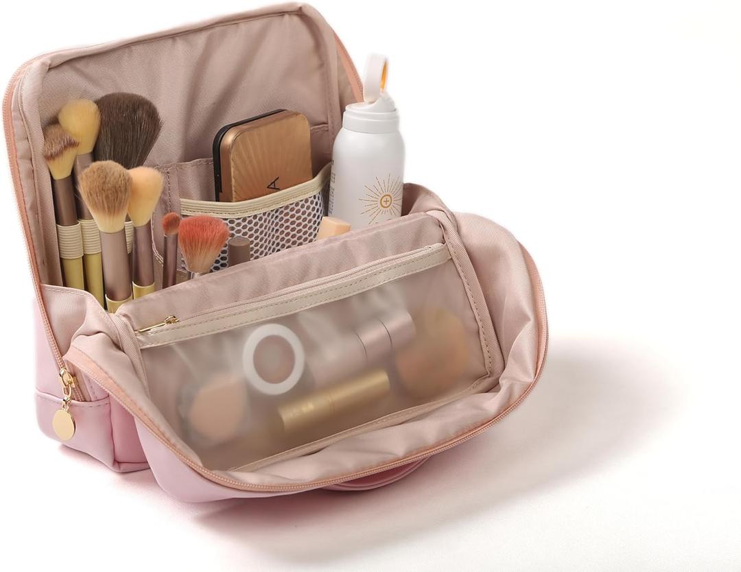 Large Standing Makeup Bag, Sturdy PU Leather Cosmetic Organizer with Fold-Down Phone Tray, Waterproof Travel Toiletry Case with Wipeable TPU Brush Holder, 9.5 Inch, Pink