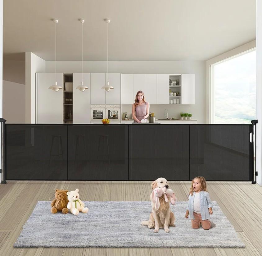 236'' Retractable Baby Gates Extra Wide, 42'' Extra Tall Retractable Dog Gate, 20 FT Black Indoor/Outdoor Retractable Gate with Reinforcement Rods for Garage, Doorways, Stairs, Decks, Driveway, Patio