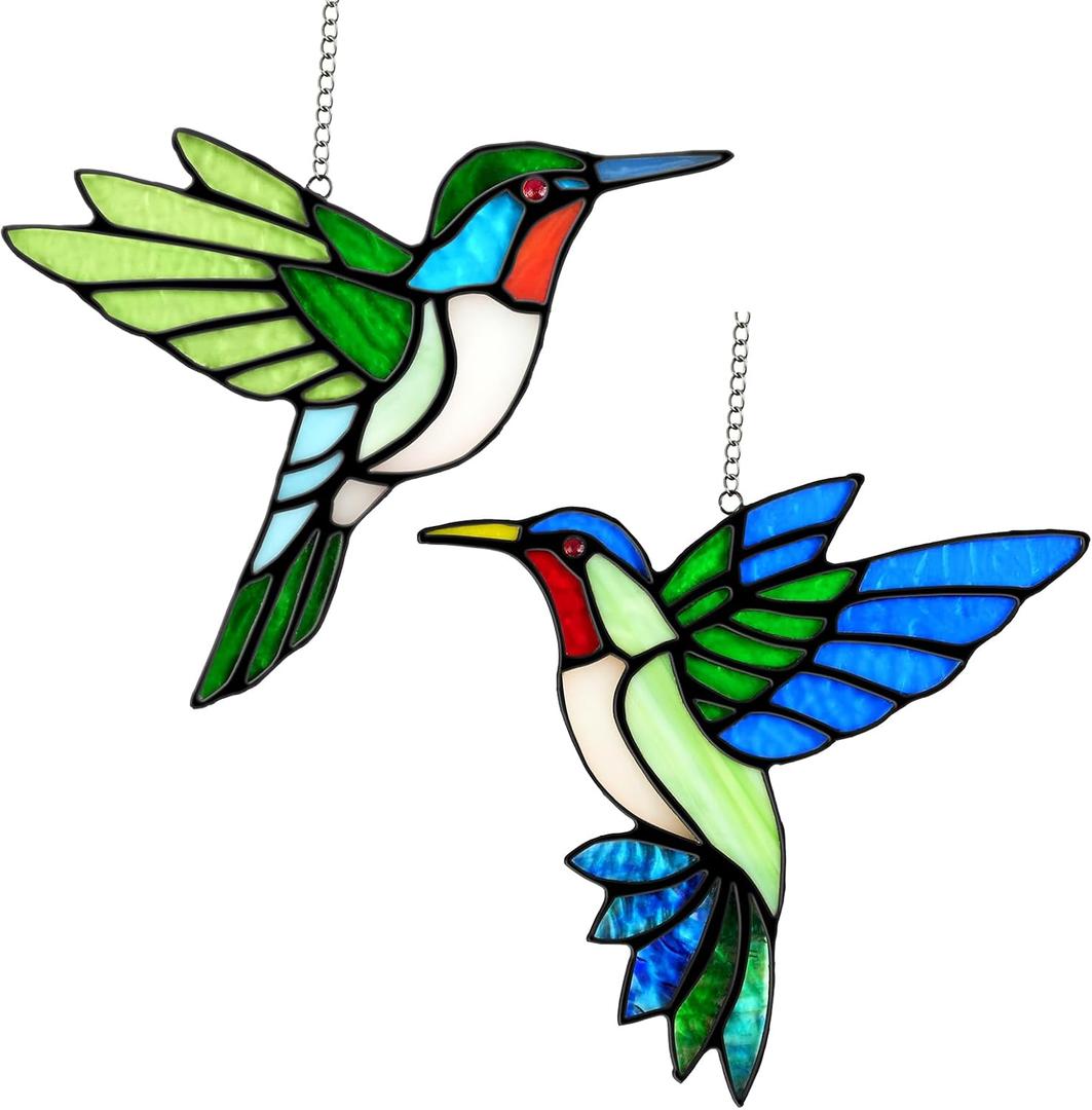 2 Packs Hummingbird Stained Glass Window Hanging Suncatchers - 6 Inch Handmade Real Glass with Copper Foil Edges, Bird Safe Gifts for Women Mom Grandma Bird Lovers(Suction Hooks Included)