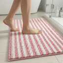 Chenille Bathroom Rug Non Slip Washable, Absorbent Bath Mat with Quick Dry Surface and Durable Hot Melt Adhesive Backing for Floor, Tub, Shower, Sink, Small (16" x 24"), Pink and White Pinstripe