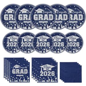 Graduation Party Plates and Napkins Blue Graduation decorations class of 2026 Blue Disposable Paper Plates Luncheon Napkins Cocktail Napkins for Congrats Grad Party Decorations Serve 50, Navy Blue