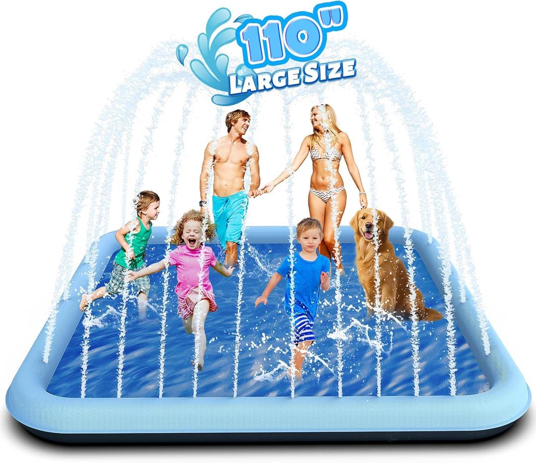 110" Splash Pad for Kids, Outdoor Sprinkler & Inflatable Pool, Extra Large Water Play Mat with Thicker Material for Dogs & Kids, Summer Backyard Fun for Toddlers & Families (Blue)