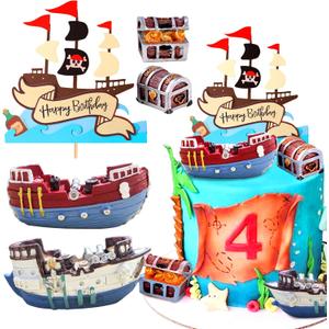 Pirate Ship Cake Topper Nautical Sailboat Model Decoration Set Gold Coins and Pirate Gems Pirate Treasure Chest Compass for Kids Pirate Birthday Party Supplies pirate cake decoration