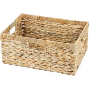Large Wicker Basket, 15" Water Hyacinth Wicker Storage Baskets for Organizing, Rectangular Storage Baskets for Shelves, Rattan Woven Basket with Built-in Handles
