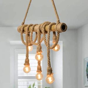 6-Light Farmhouse Chandelier Dining Room Light Fixture, Natural Bamboo & Hemp Rope Pendant Lights Kitchen Island, Boho Rustic Hanging Pendant Lighting for Bar Cafe Bedroom Living Room Decor