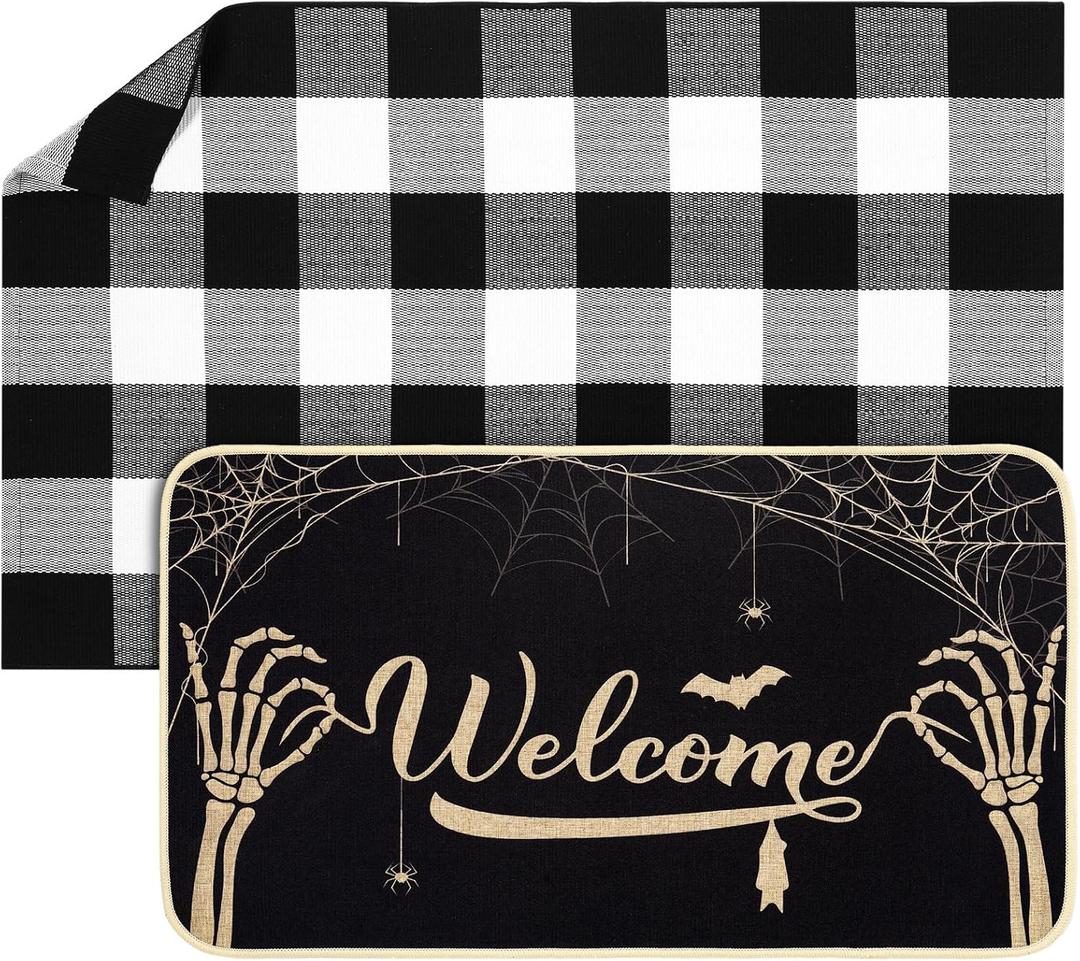 Dunzy 2 Pcs Halloween Doormat Outdoor Spooky Skull Welcome Mat 17"x30" & Black White Plaid Entrance Rug 28"x43" for Front Door Porch Non Slip Floor Mat Layered for Indoor Outside Entryway Decor