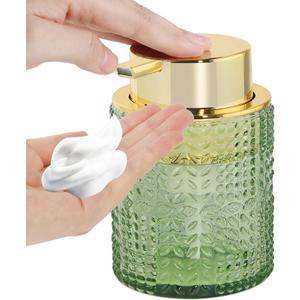 Foaming Soap Dispenser, 10 Oz Glass Foam Hand Soap Dispenser with Gold Pump, Refillable Bathroom Lotion Container Pump Bottle with Vintage Pattern, Green