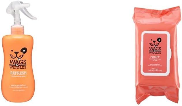 Wags & Wiggles Zesty Grapefruit Scent Bundle: Refresh Deodorizing Spray, 12 Fl Oz and Nourish Moisturizing Wipes, 100 Count - Gently Clean, Condition & Combat Odors Without a Bath