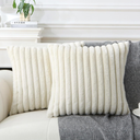 Decorative Throw Pillow with Inserts, Set of 2 Soft Faux Fur Throw Pillows, Square Boho Striped Pillow for Couch, Bed, Sofa Decor(Beige, 18" x 18")