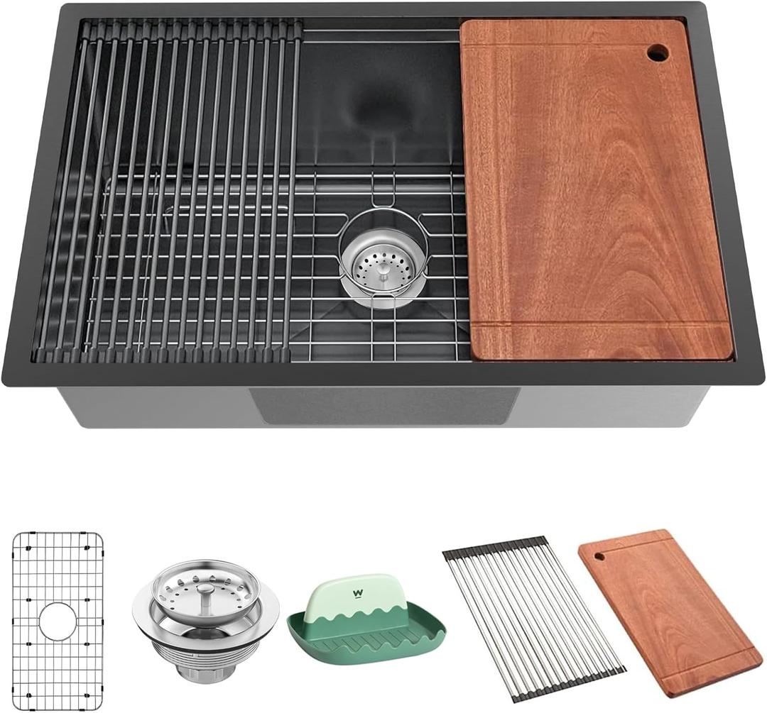 Black Kitchen Sink Workstation, 19x30 Inch Stainless Steel Drop In Single Bowl Nice Modern Kitchen Workstation Sink Combo-SS Grid,Drying Rack,Cutting Board,Utensil Rest And Drain Strainer Set