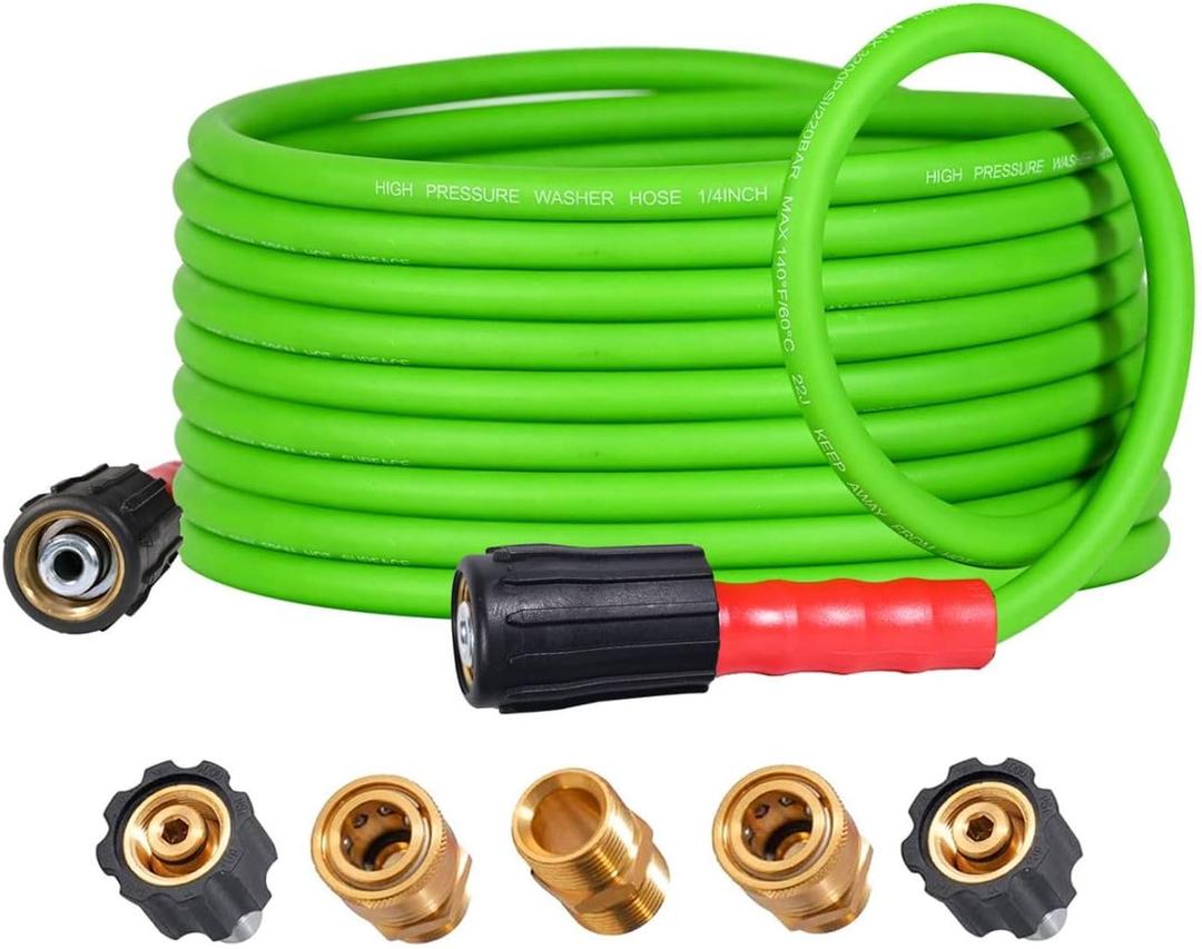 YAMATIC Super Flexible Pressure Washer Hose 25FT 3200 PSI for Power Washer Replacement, Kink Resistant Extension With Leak-Free M22 Female & 3/8" Quick Connect Adapters, 1/4", Green