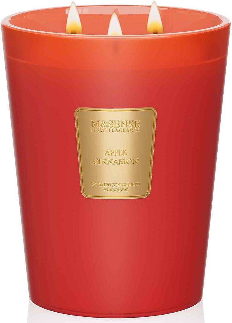 M&SENSE Apple Cinnamon Soy Large Candles, 3-Wick 35oz 150H Slow Burning, Aromatherapy Candle for Home Fragrance Winter Holiday Housewarming