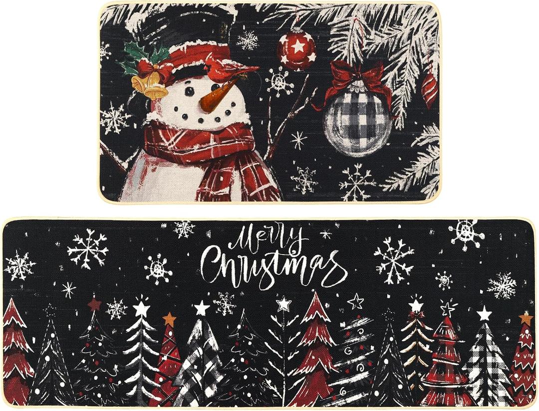 Snowman Christmas Trees Snowflake Christmas Kitchen Mats Set of 2, Black Winter Holiday Home Decor Kitchen Rugs for Floor 17x29 and 17x47 Inch