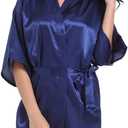 Women's Satin Robes with Rhinestones Bride Bridesmaid Short Sleepwear Wedding Party Dressing Gown, M Navy