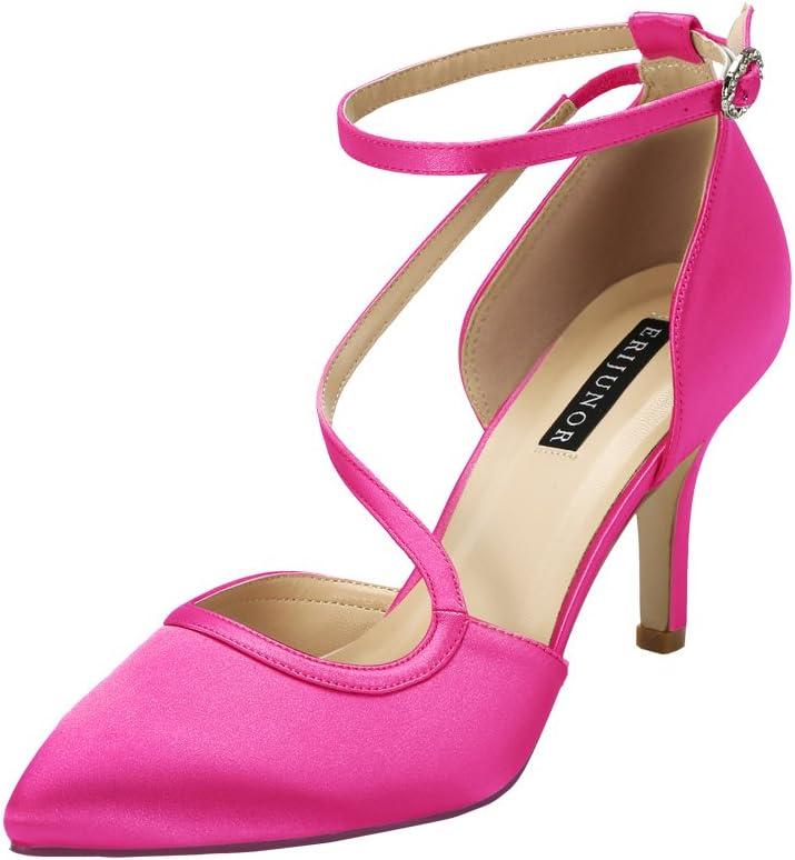 ERIJUNOR Women Comfortable Mid Heel Ankle Strappy Dress Pumps Pointed Toe Satin Wedding Evening Party Shoes (7, Hot Pink)