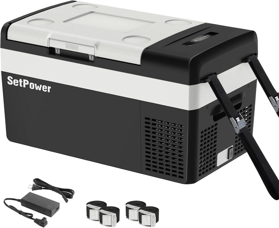 Setpower 12 Volt Refrigerator, 21QT portable freezer,12V Car Fridge With Fix Ropes,Compressor Electric Cooler -4~68,Plug in cooler for vehiclesTruck RV SUV Van Travel Camping RoadTrip (Black and White)