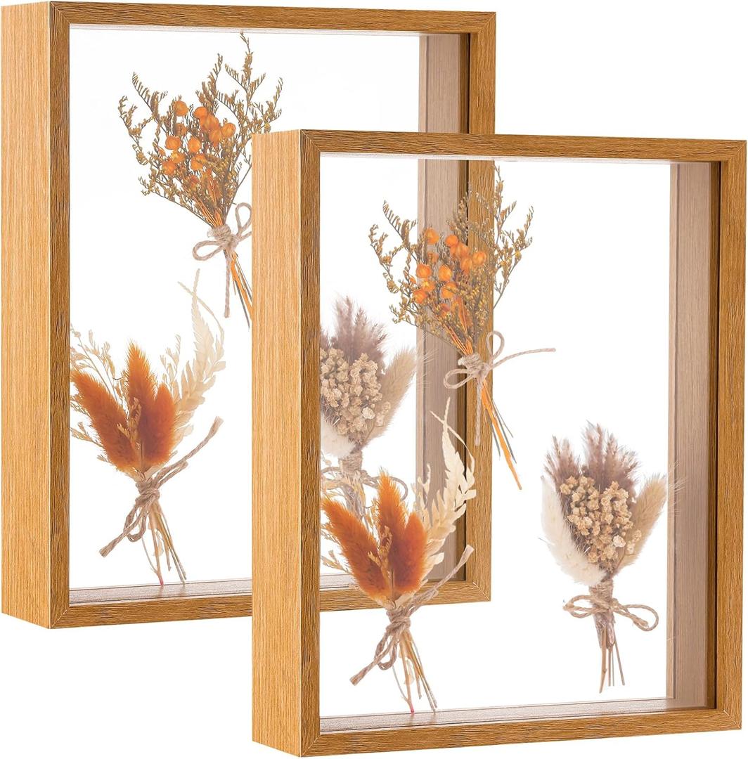 2 Pack 8 x 10in Wooden Dried Flower Frame Acrylic Floating Shadow Box Frames 3D Picture Frames for Dried Flower Plant Specimen DIY Artwork Display Frame for Tabletop Decor