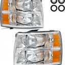 AS Headlight Assembly for 2007-2013 Chevy Silverado 1500/2007 2008 2009 2010 2011 2012 2013 2014 Chevy Silverado 2500HD 3500HD Chrome Housing Amber Reflector Replacement Pair