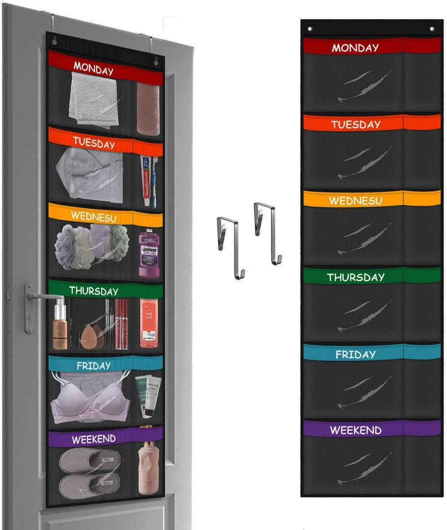 ABCKEY Weekly Kids Clothes Organizer,6-Shelf Kids Clothes Organizer with Labels for Monday to Friday,Over the Door or Wall Mount for Home,Dorm,Bedroom (Black)