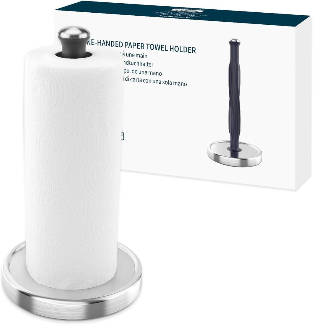 KITCHENDAO Paper Towel Holder Countertop, Rotation Freestanding Kitchen Paper Holder Stand,One-Handed Tear, Stainless Steel Paper Roll Holder with Weighted Base High-Adhesion Pad Sticker (Gray)