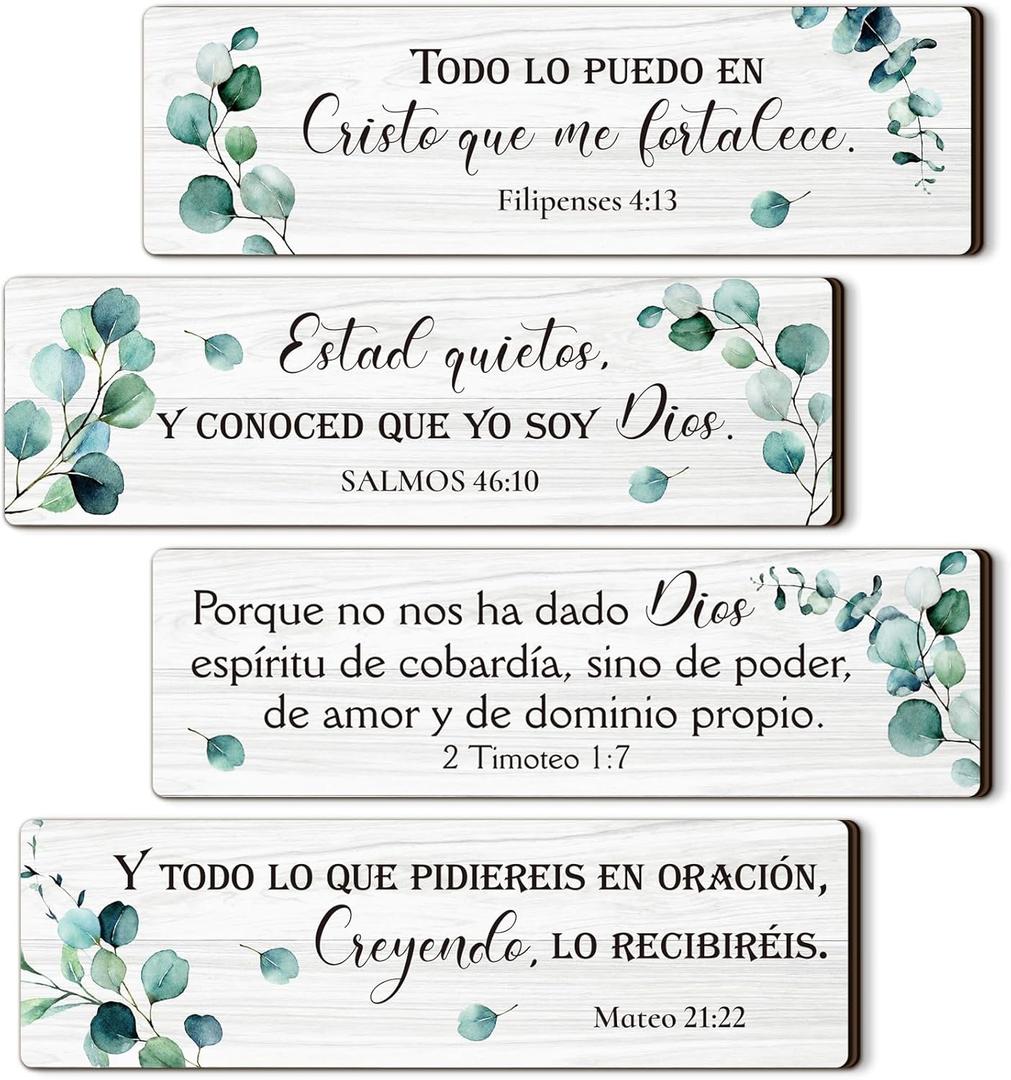 Yousoontic 4 Pieces Spanish Bible Verses Wall Decor Christian Spanish Wood Plaque Hanging Sign Religious Wall Decor Bible Verses Art for Home Office Farmhouse Kitchen(Fresh Style)
