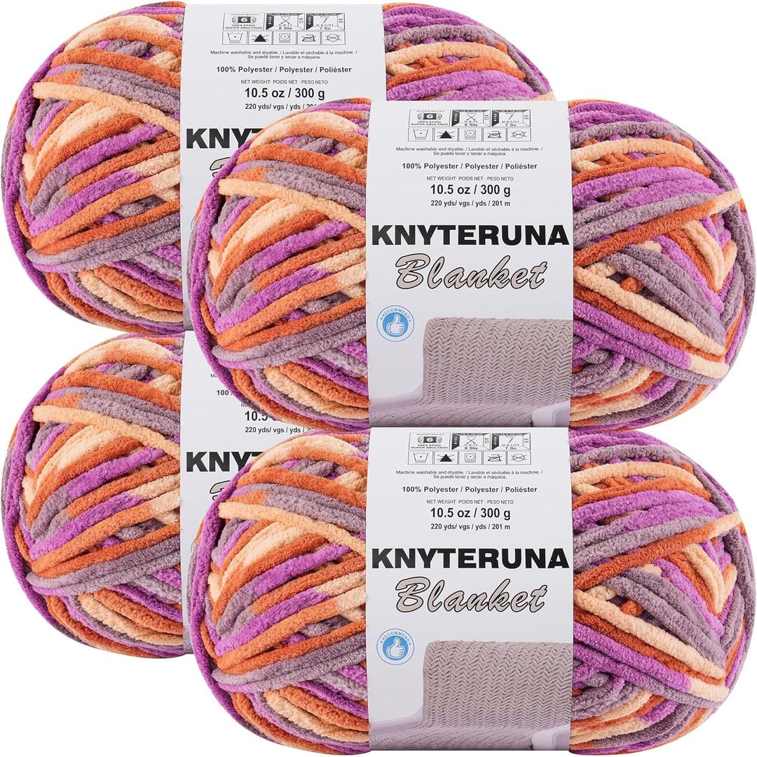#6 Super Bulky Blanket Yarn for Crocheting - 4 Skeins(Each 10.5oz/300g, 220yds/201m), Chunky Chenille Thick Plush Big Soft Yarn for Crocheting Knitting Blankets, Purple & Orange