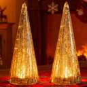 Set of 2 Mercury Glass Christmas Tree Silver Glass Christmas Trees Collectible Figurines with Led Indoor Table Centerpiece Decorations Mantel Gift