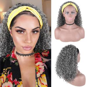 Aisaide Short Afro Kinky Curly Grey Headband Wigs for Black Women, Synthetic Curly Headband Wig Afro Curly Wave Deep Wave Black Headband Wig Wrap Wig with Headbands Attached Scarf Wig 16inch(1B/GREY) (16 Inch (Pack of 1))