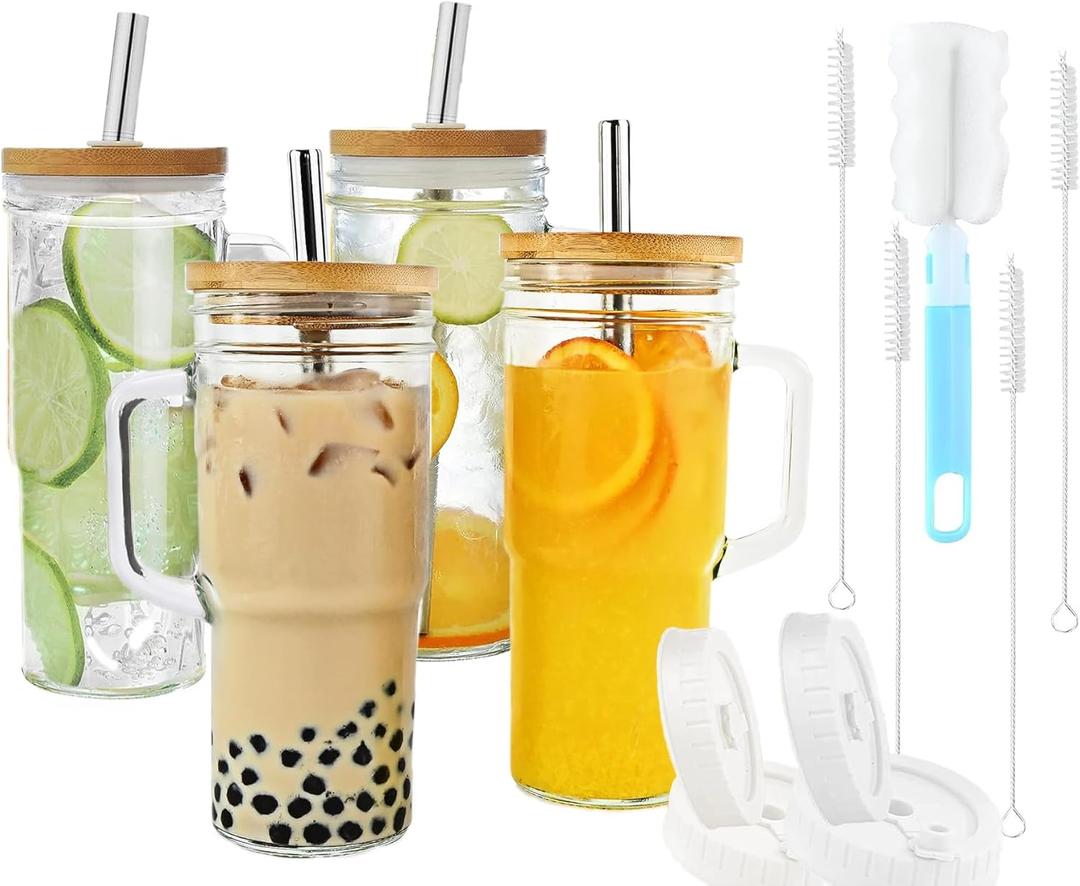 Glass Cups with Bamboo Lids and Straws,24oz Tumbler With Handle,4 Pack Mason Jar with Lid and Straw-Wide Mouth Reusable Drinking Glasses,Boba Cup Smoothie Tumbler Iced Coffee Cup Travel Mug