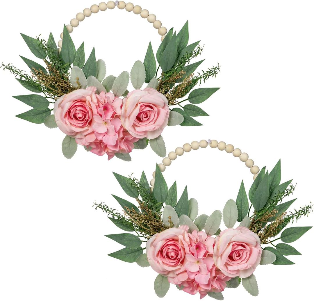 DILATATA 10" Artificial Floral Wood Bead Wreaths - Eucalyptus Leaves, Rose, Hydrangea - Boho Farmhouse Wall Decor - 2 Pack - Pink