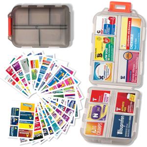 Pill Organizer with Medicine Labels Travel Daily Pill Container Mini Medication Organizer Storage Pill Organizer Travel Essentials Pill Case 7 Day (Grey & 161 Lables)