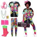 ZhouBoat 80s Outfit for Women, 80s Accessories Costume Set with Short Sleeve Shirt Stretch Pants Fishnet Gloves Necklaces Earrings Socks Headband for Halloween Cosplay (M)