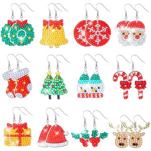 Remuuly 12 Pairs Christmas Diamond Art Earrings Making Kit 5d DIY Dangle Drop Diamond Art Painting Earrings Ornament Christmas Tree Santa Snowflake Snowman Jewelry Making for Adults Women Tool Kit