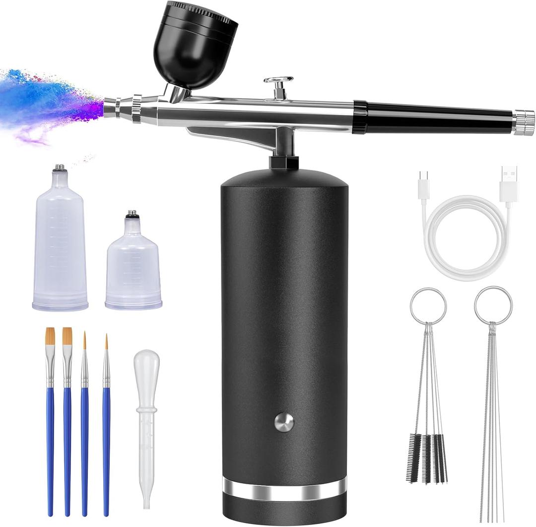 Airbrush Kit With Compressor - 48PSI Rechargeable Cordless Non-Clogging High-Pressure Air Brush Set with 0.3mm Nozzle and Cleaning Brush Set for Nail Art, Makeup, Painting, Cake Decor (Black)