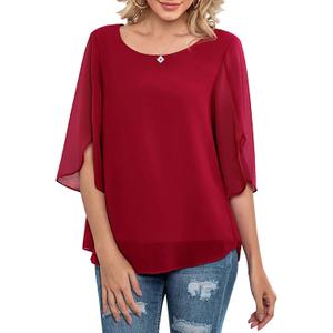 Neineiwu Womens Casual Scoop Neck Loose Top 3/4 Sleeve Chiffon Blouse Shirt Tops (XX-Large, Red)