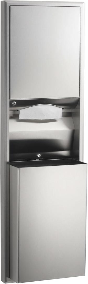 Bobrick Semi-Recessed Convertible Paper Towel Dispenser & Waste Receptacle, Satin-Finish Stainless Steel, 12-Gal Capacity, Dispenses 600 C-Fold/800 Multifold Towels, Lockable Cabinet (Model B-3942)