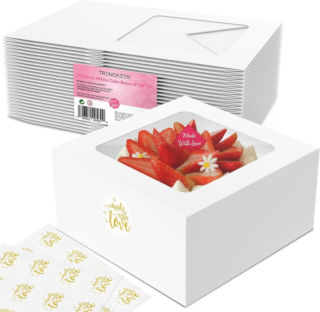 Cake Boxes 8x8x5 Inch 25 Pack with Window, 30 Bonus Sticker, Auto Popup, Extra Thick, Oil Resistant, Ideal for Cookie, Pie, Treat, Pastry, Bakery