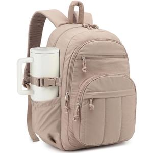 Backpack for Women, Quilted Laptop Bookbag with Pouch Pockets for College Work Travel Gym Teacher Nurses, Puffer High School Backpack for Girls, Camel