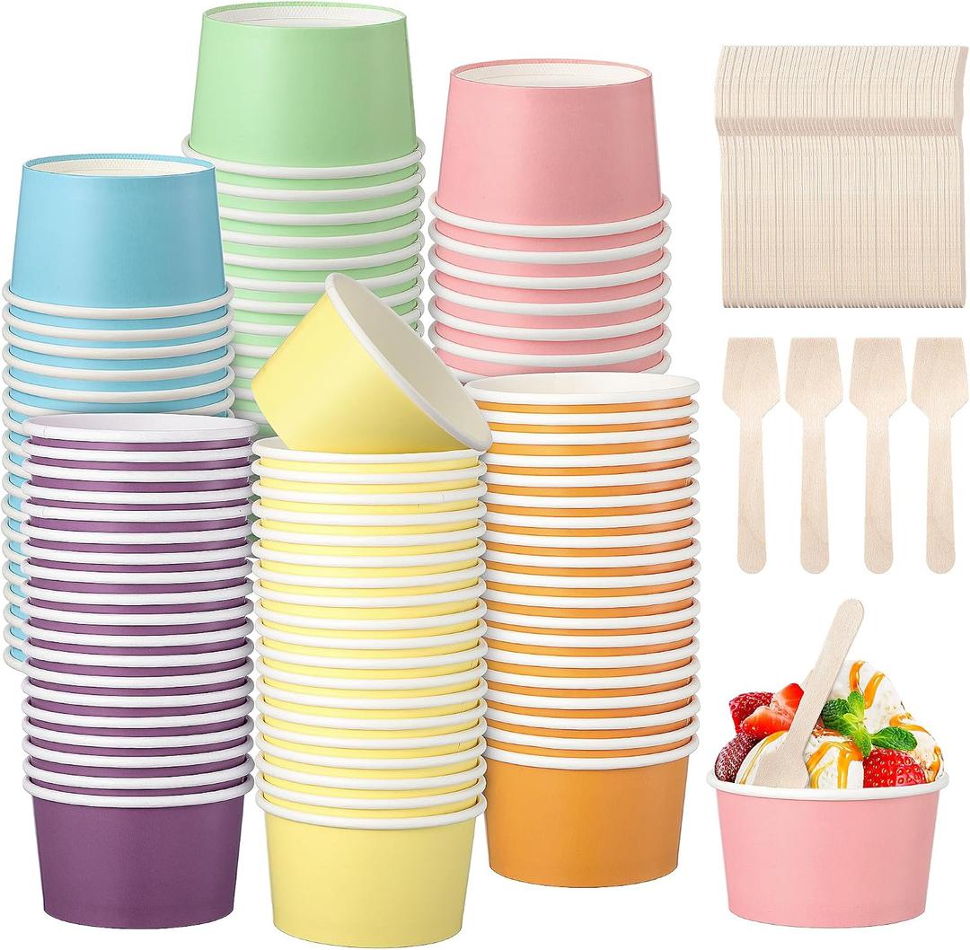Kochorie 120 Pack 6oz Pastel Paper Ice Cream Cups with Spoons Colorful Party Paper Cups Disposable Dessert Sundae Bowls for Ice Cream Snacks Picnic Party Supplies
