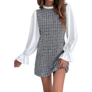 WDIRARA Women's Colorblock Plaid Stand Collar Flounce Sleeve Frill Trim Tweed A Line Mini Dress, S