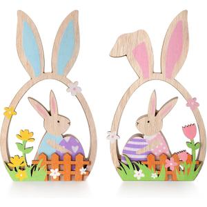 Yousoontic 2 Pcs Easter Decorations for the Home Easter Wooden Table Decorations Farmhouse Rustic Wood Bunny with Egg Easter Tiered Tray for Spring Indoor Home Party Tabletop Decoration Gifts