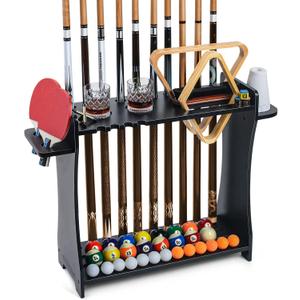 XCSOURCE Pool Stick Holder Floor Stand, 2-IN-1 Pool Cue Rack & Ping Pong Paddle Holder, 100% Solid Wood Holds 9 Cues Full Set of Balls, Billiards and Table Tennis Accessories for Man Cave, Game Room
