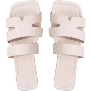 OYOANGLE Women's Textured PU Leather Square Open Toe Flat Sandals Cut Out Slide Sandal Beige, Size 8.5