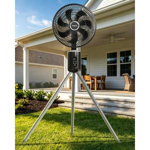 Outdoor Fans for Patios,Cordless Outdoor Fan with Light and Remote,Pedestal to Tabletop & Hanging,Battery Operated Rechargeable Fan,12" Oscillating Fan For Quiet,8 Speeds,Timer,Gazebo,Deck,Porch,Black