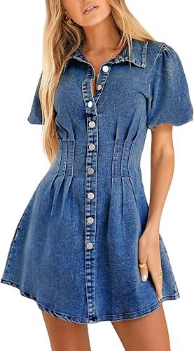 KDF Summer Denim Dress for Women Puff Sleeve Slim Fit Jean Dresses for Women 2025 Casual Size XL