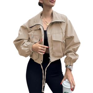 Tankaneo Women's Cropped Jacket Zip Up Lightweight Oversized Utility Anorak Coat with Pockets (Small, Khaki)