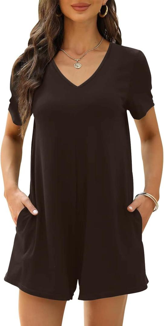 Women's Summer Short Sleeve V Neck Short Jumpsuit Loose Casual Romper Overalls Trendy Outfits With Pockets 2xl, Dark Brown