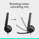 Logitech H390 Wired Headphones with Mic, USB-A Headset with Microphone for PC, Noise Cancelling Microphone for Video Meetings, Music, Gaming - Black