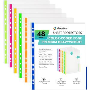 FLEXOFFICE 48 Pack, Color Edges Plastic Sheet Protectors 8.5"x11", Premium Heavy Duty, Top & Side Loading, Page Protectors Sheet Reinforced 11-Hole Fit for 2/3/4 Ring Binder